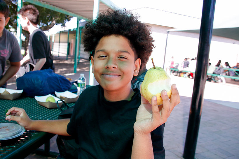 A boy holds up a pear with bites taken out of it
