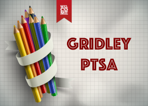 Graph paper with wrapped up colored  pencils, Welcome banner, and Gridley PTSA text